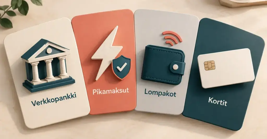 Neljään viuhkamaiseen paneeliin asetetut pankin, salaman ja suojakilven, lompakon sekä maksukortin symbolit havainnollistavat nettikasinoiden maksutapoja.