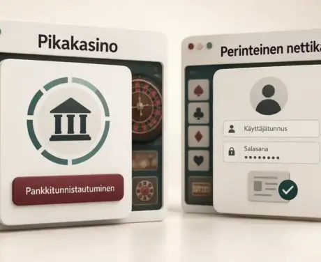 Pikakasinon pankkitunnistautumista ja perinteisen nettikasinon käyttäjätunnusta, salasanaa ja henkilöllisyyden vahvistusta havainnollistavat kirjautumisnäkymät rinnakkain.
